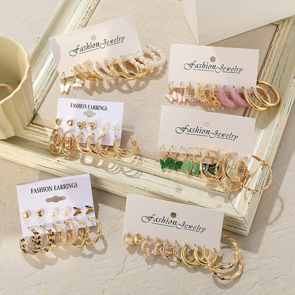 None Jewelry - New 32 Pairs  Earrings Set for Women Girls, Fashion Chain Link Hoop